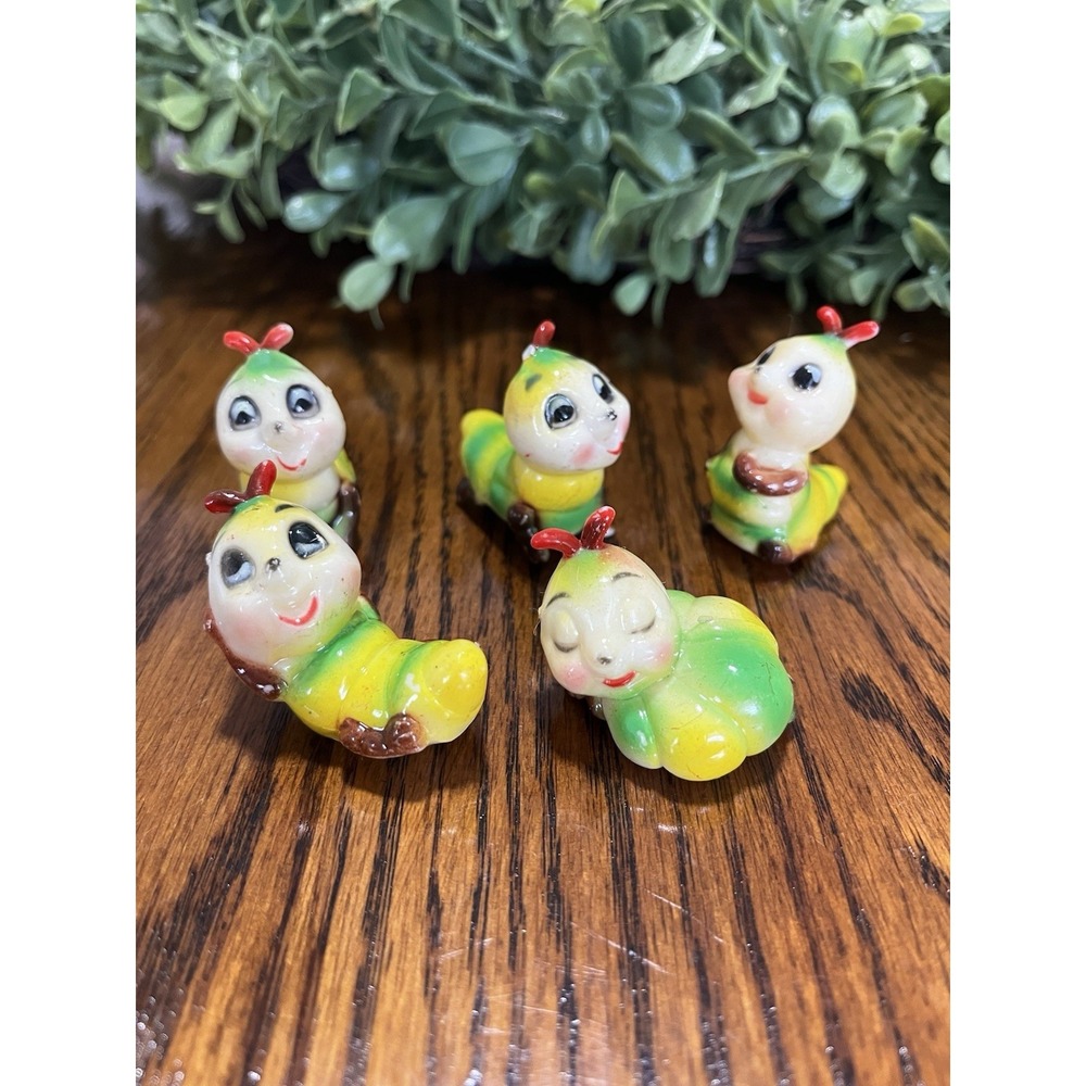 Vintage 80's Five Anthropomorphic Caterpillar Figurines Made in Hong Kong‎